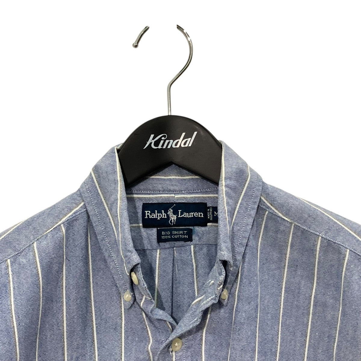 美品RALPH LAURENストライプ柄ボタンダウンコットン半袖シャツM薄青白 Ralph Lauren - 美品RALPH LAURENストライプ柄ボタンダウンコットン